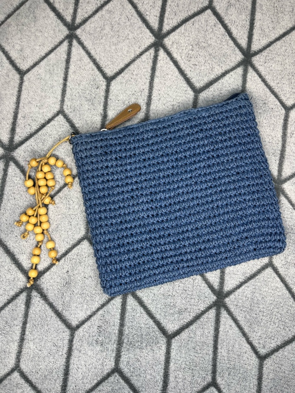Straw Studios Handcrafted Bohemian Navy Raffia Crochet Clutch w Beaded Tassel